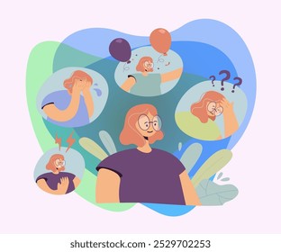 Woman going through nervous breakdown or bipolar behavior disorder. Person feeling anger, frustration, joy, confusion. Vector illustration for mood changes, mental problems, emotional crisis concept