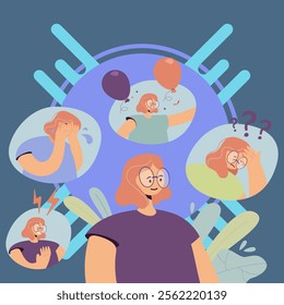 Woman going through nervous breakdown or bipolar behavior disorder. Person feeling anger, frustration, joy, confusion. Vector illustration for mood changes, mental problems, emotional crisis concept