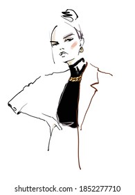 Woman with gold chain. Fashion sketch vector illustration