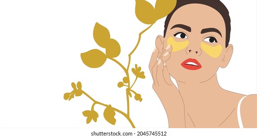 Woman with golden eye patches. Skincare routine. Preparation for the holiday. Vector illustration concept. Copy space.