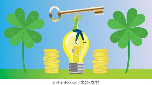 Woman with golden key and idea getting luck. Vector illustration. EPS10.