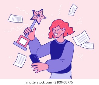 Woman and golden trophy for future success winner. Vector outline illustration for mobile and web graphics. Online course education lectures. Winning of competition.