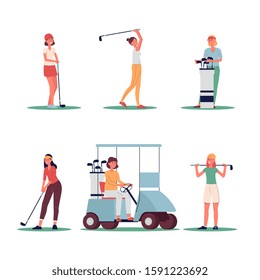 Woman golf player cartoon characters set with sport equipment flat vector illustration isolated on white background. Professional golfer female images collection.