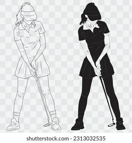 Woman Golf Player Hitting the Ball vector silhouette and  line art