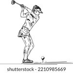 Woman golf player silhouette, Girl playing golf sketch drawing, outline vector illustration of female golf player, golf player cartoon