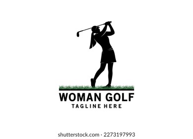 Woman golf sport logo design, silhouette vector illustration of woman playing golf