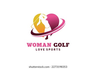 Woman golf sport logo design, vector illustration of woman playing golf with heart concept