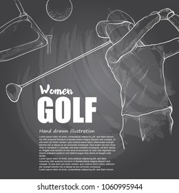 woman golfer illustration on chalkboard. drawing vector style