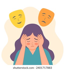 Woman with good and bad mood face mask in flat design. Bipolar disorder.