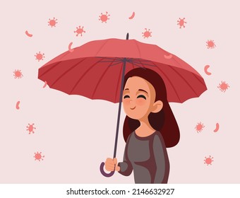 
Woman with Good Immune System Avoiding Viral Infections Vector Cartoon. Happy healthy young girl feeling protected against viral diseases epidemic
