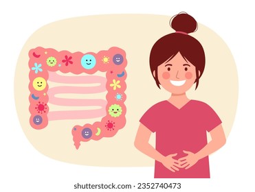 A woman with good intestinal environment. Large intestine with active beneficial bacteria in flat design.