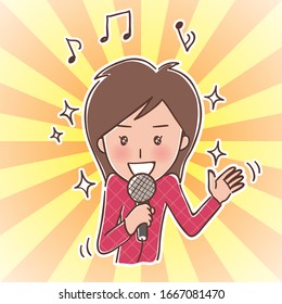 Woman good at a karaoke sings happily.