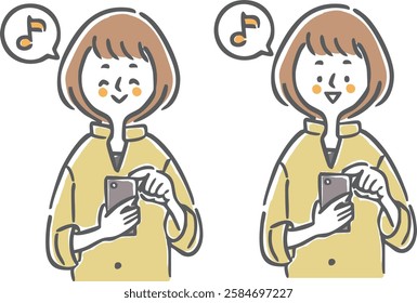 A woman in a good mood operating a smartphone, upper body, vector