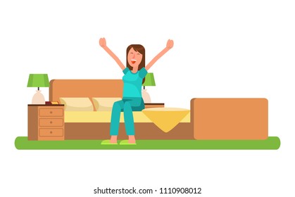 Woman in good mood, waking up and stretching hands in sides, sitting on bed, by chest of drawers with green lamp, isolated on vector illustration