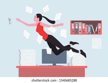 A Woman Is A Good Office Worker Or Office Worker Reaching For The Ringing Phone. The Table Is Covered With Documents. Vector Illustration.