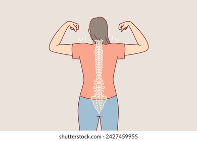 Mujer con buena postura y columna vertebral recta muestra bíceps, de pie con la espalda a la cámara. Chica casual fuerte orgullosa de una postura saludable gracias a ir a dar masajes a quiropráctico u osteópata