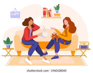 Woman gossiping and complaining to friend. Women spending time together at home. Friends having conversation. Female friendship. Psychotherapy at home in comfortable conditions. Vector