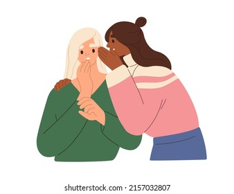 Woman gossipping, telling, whispering secrets. Girlfriends talking behind back. Surprised shocked person listening to rumors from girl friends. Flat vector illustration isolated on white background