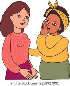 Woman gossipping, telling, whispering secrets. Girlfriends talking behind back. Surprised shocked person listening to rumors from girl friends. Flat vector illustration isolated on white background.