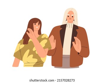 Woman gossipping, whispering rumors at work. Annoyed person refusing backbiting, gesturing, expressing negative attitude to bad toxic colleague. Flat vector illustration isolated on white background