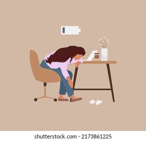 Woman got burnout in workplace. Vector illustration of stressed, overworked tired professional. Employee without energy.