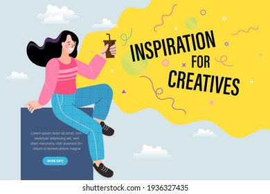 woman got energized inspired and creativity when Drank a cup of Coffee. female office worker, sitting, happy and smiling, thinking and getting idea. 