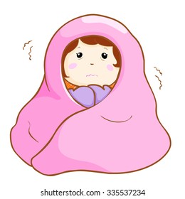 woman got a fever shivering under blanket cartoon