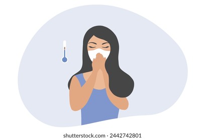 woman got fever, sneezing and suffering from headache Sickness, allergy, flu and fever concept