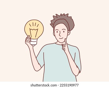 Woman got ideas hold bright lamp icon korean style illustration