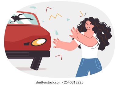 Woman got into car accident due to inattention or violation of traffic rules, stands near broken automobile. Girl driver needs insurance payment and vehicle repairs after car accident on road.