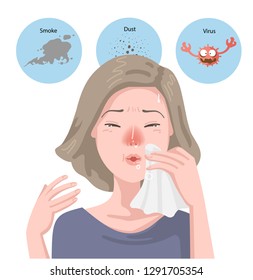 Woman got sick flu. Blowing her nose. Sneezes into napkin. Portrait girl has allergic rhinitis, Has headache,Sickness,Allergic rhinitis. Hay fever. Effects on health, Viruses,Dust,Smoke.Health concept