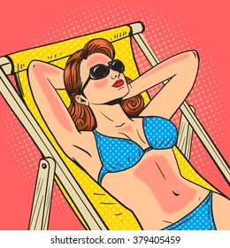 Woman got a sunburn on the beach pop art style vector illustration. Sunbathing on beach. Comic book style imitation. Vintage retro style. Conceptual illustration