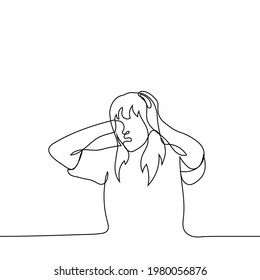 woman grabbed her head, she was terrified - one line drawing. horror, despair, shock, headache, migraine concept