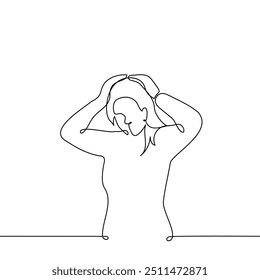 woman grabbed her own head - one line art vector. concept terrible discovery, confused, cringe, grab head. Handmade vector not AI