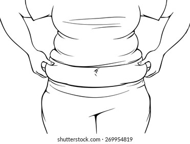 Woman grabbing her fat the stomach 
