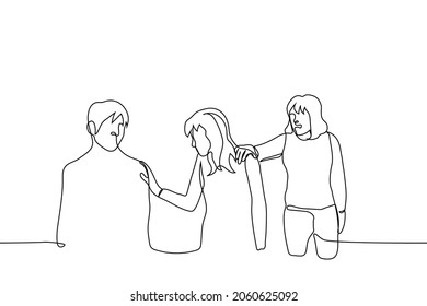 woman grabs another woman's shoulder that touches the man's shoulder - one line drawing. a woman is jealous of her friend for new friends, lesbian is jealous of her beloved for a man 
