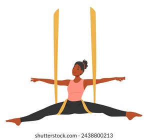 Mujer Realiza Elegantemente Yoga Aéreo, Suspendido En Una Hamaca De Seda En Pose Dividida. El Carácter Femenino Se Estira, Su Cuerpo Flota Sin Esfuerzo, Encarnando La Tranquilidad Y La Fuerza. Ilustración vectorial