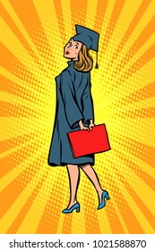 woman graduate of the College or University. Science and education. Comic cartoon pop art illustration retro vintage kitsch vector