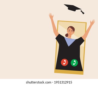 Woman graduate happy, isolated copy space template. Flat vector stock illustration. Graduate of video communication via phone, smartphone. Blank with copy space. Online illustration