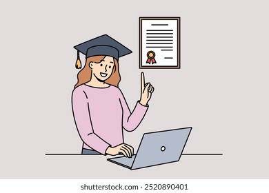 Woman graduate receives online education using laptop and demonstrates certificate of acquired knowledge. Girl with online education increased qualifications through webinars and video lessons