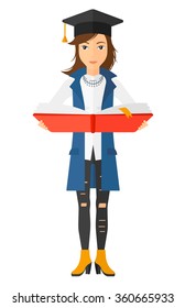 Woman in graduation cap holding book.