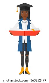 Woman in graduation cap holding book.