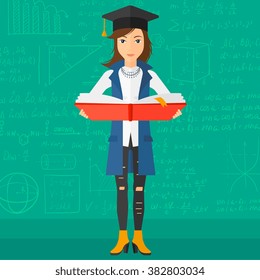 Woman in graduation cap holding book.