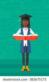 Woman in graduation cap holding book.