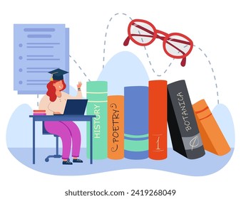 Woman in graduation cap working on laptop among huge books . Vector illustration. Diploma, science, education. Womens education and literacy concept