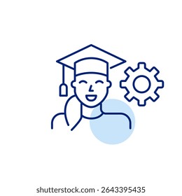Woman in graduation hat. Education settings, academic management, graduation process control, student profile configuration, learning system optimization. Pixel perfect, editable stroke vector icon