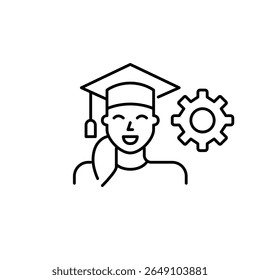 Woman in graduation hat. Education settings, academic management, graduation process control, student profile configuration, learning system optimization. Pixel perfect, editable stroke vector icon
