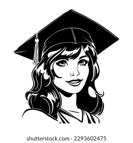 Woman in graduation hat. Female student, black silhouette. Vector illustration on white isolated background. Cartoon style. Good for packaging, posters, and social media.