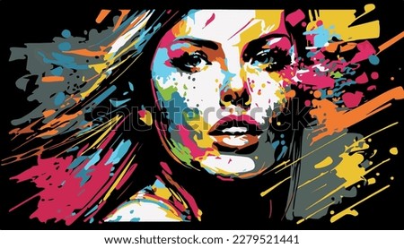 Woman, graffiti street art fashion. Vector graphic, beautiful, strong, lady spray painted. Paint splatter. Cool urban modern poster texture. Powerful contemporary wall art sketch. home decor style. 