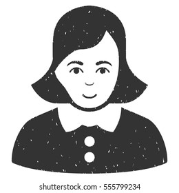 Woman grainy textured icon for overlay watermark stamps. Flat symbol with dirty texture. Dotted vector gray ink rubber seal stamp with grunge design on a white background.